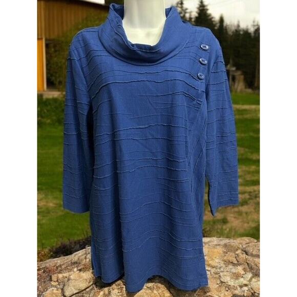 Ali Miles Large Top Royal Blue Pullover Cowl Neck Buttons Overlap Cotton Nylon - Picture 2 of 5